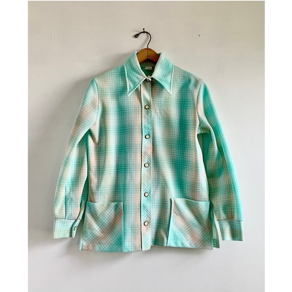 Vintage 70s Pastel Plaid Chore Jacket | Aqua Pink Button Down Shirt | M/L